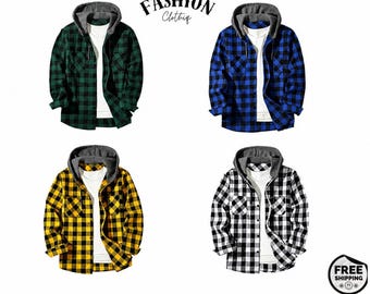 Camicia-giacca da uomo in flanella con cappuccio | Camicia a quadri con bottoni | Giacca-giacca invernale casual | Camicia a quadri verde, blu, gialla e nera