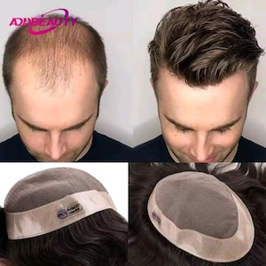 Poly Skin Mens Toupee Hair Replacement System Hairpiece Human Hair Natural Wig