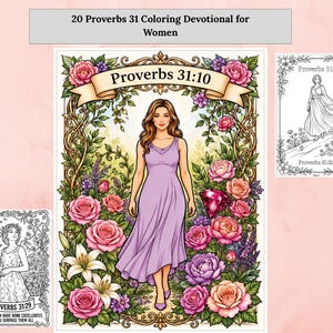 Puede incluir: Un libro de colorear devocional titulado 20 Proverbs 31 Coloring Devotional for Women con una ilustración central a color de una persona con vestido lavanda rodeada de flores y una pancarta que dice Proverbs 31:10, más dos páginas en blanco y negro.