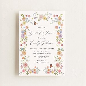 Soft spring garden bridal shower invitation featuring pastel wildflowers and small butterflies along the floral border. A fresh, airy design perfect for spring or summer celebrations and fully customizable for your event.