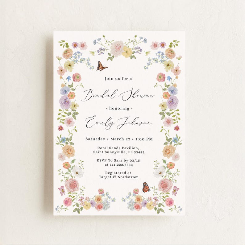 Soft spring garden bridal shower invitation featuring pastel wildflowers and small butterflies along the floral border. A fresh, airy design perfect for spring or summer celebrations and fully customizable for your event.