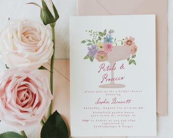 Petals and Prosecco Bridal Shower Invitation – Floral Champagne Glass Design – Elegant Garden Brunch Editable Template#SA2
