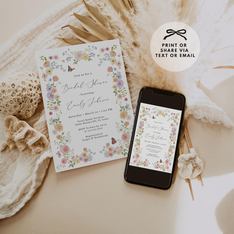 Soft spring garden bridal shower invitation featuring pastel wildflowers and small butterflies along the floral border. A fresh, airy design perfect for spring or summer celebrations and fully customizable for your event.