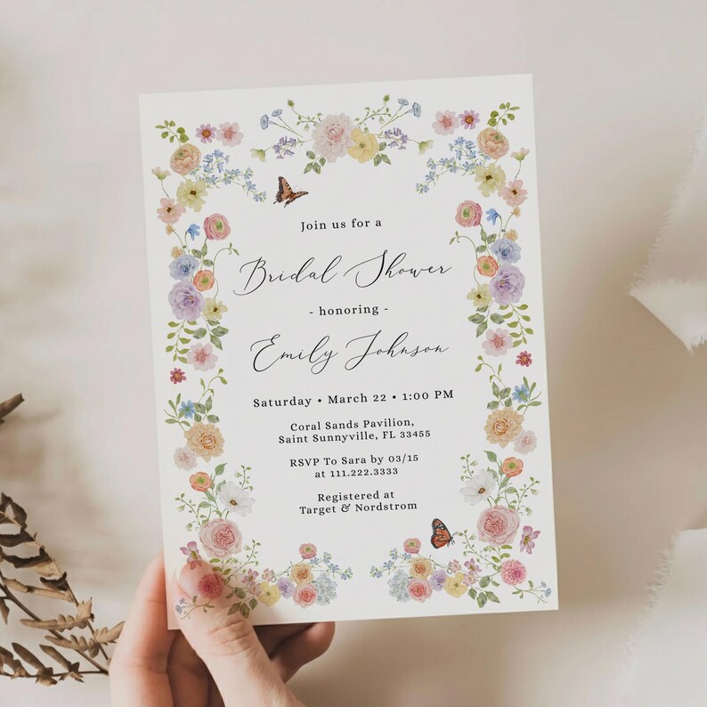 Soft spring garden bridal shower invitation featuring pastel wildflowers and small butterflies along the floral border. A fresh, airy design perfect for spring or summer celebrations and fully customizable for your event.