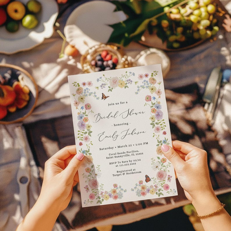 Soft spring garden bridal shower invitation featuring pastel wildflowers and small butterflies along the floral border. A fresh, airy design perfect for spring or summer celebrations and fully customizable for your event.