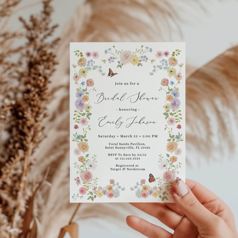 Soft spring garden bridal shower invitation featuring pastel wildflowers and small butterflies along the floral border. A fresh, airy design perfect for spring or summer celebrations and fully customizable for your event.