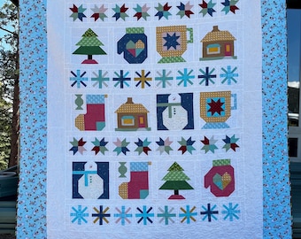 Snowy Days Quilt Featuring Snowmen, Cabins and Stockings, Queen Size, Lori Holt Inspired Pattern, size 105  x 90