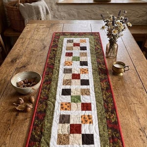 May include: A rectangular quilted table runner with a patchwork design. The center features squares of various patterns and colors, framed by a white border, green fabric, and a red border. The runner is placed on a wooden table.