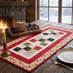 May include: A rectangular quilted table runner featuring a patchwork center of green, red, and cream squares surrounded by a red border and an outer cream border with a repeating red and green leaf pattern, placed on a rustic wooden table.