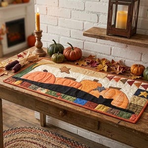 May include: A rectangular fabric table runner featuring a quilted design with orange pumpkin appliques, black silhouettes, and a border of multi-colored patchwork squares in shades of green, brown, and orange, accented with small fabric stars.