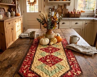 May include: A quilted table runner featuring a central geometric pattern in cream, sage green, and deep red, bordered by a dark brown trim. The runner is decorated with a floral and leaf motif, displayed on a rustic wooden table with pumpkins.