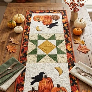 May include: A rectangular fabric table runner featuring a central patchwork design with green and yellow stars, flanked by white panels displaying appliqued orange pumpkins, black crows, and yellow crescent moons, all bordered by autumn leaves.