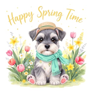 Puede incluir: Ilustración en acuarela de un cachorro de Schnauzer con sombrero de paja y bufanda turquesa, rodeado de flores de primavera. El texto "Happy Spring Time" está escrito en amarillo sobre el cachorro.