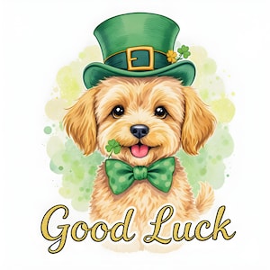 Può includere: Illustrazione di un cane dorato con cappello e papillon verdi da folletto, con un trifoglio in bocca. Le parole "Good Luck" sono scritte in oro sotto.