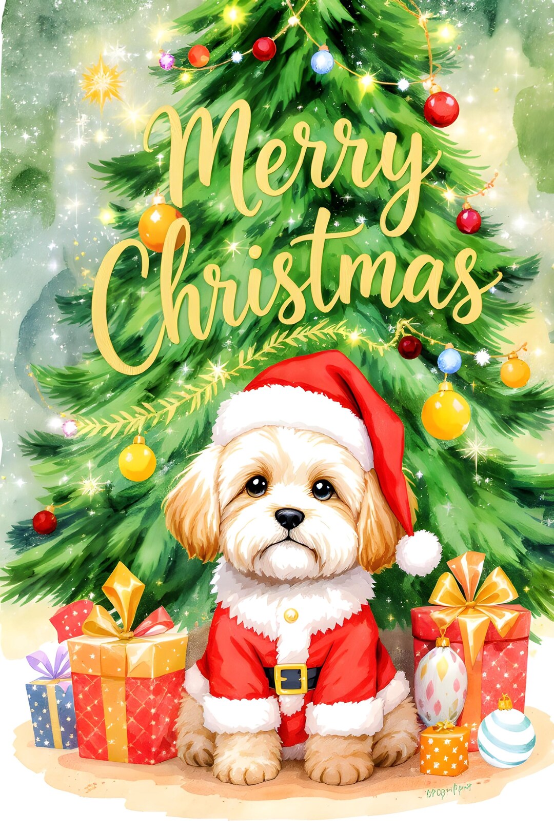 Christmas Cockapoo Digital Wall Art, Puppy Santa PNG Clipart, Cute Dog ...