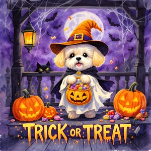 May include: A Halloween-themed illustration features a white dog dressed as a ghost, holding a jack-o'-lantern candy bucket. The dog wears a witch hat and cape. Two carved pumpkins flank the dog, with the words "TRICK OR TREAT" at the bottom.