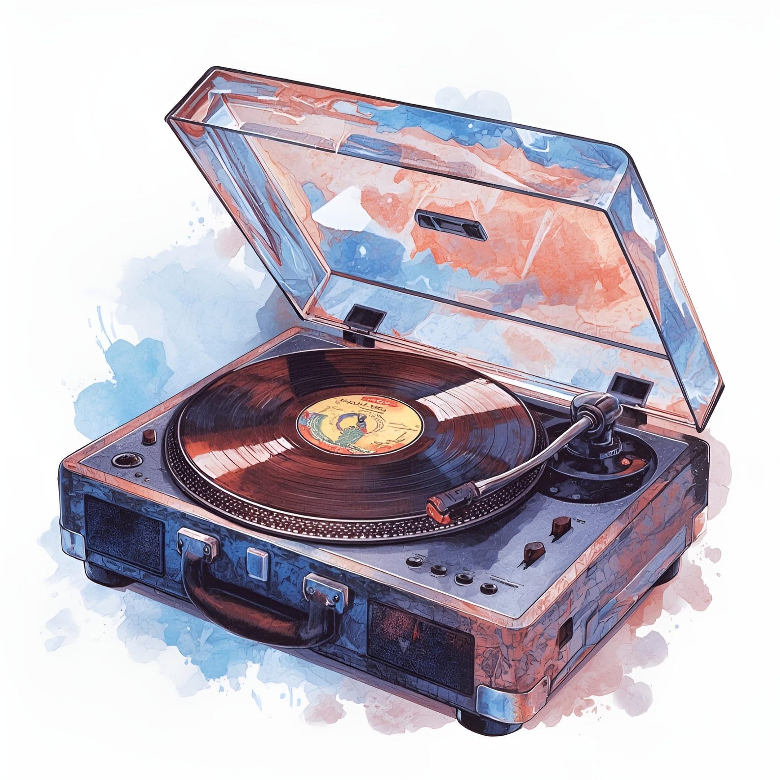 Watercolor Record Player Print: Retro Vinyl Turntable Art (digital ...