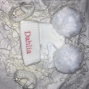 personalised baby winter hat, double Pom Pom and bow 0-12 months, neutral white