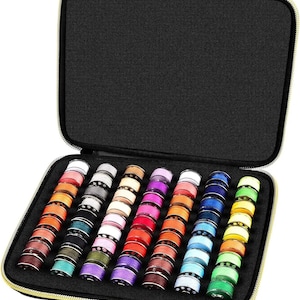 May include: A black zippered case with a gold zipper, open to reveal a collection of colorful sewing machine bobbins. The bobbins are arranged in rows, showcasing a variety of thread colors, including red, blue, green, and purple.