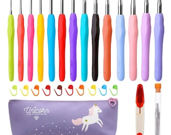 May include: A collection of crochet hooks with vibrant, ergonomic handles, various sizes, and a purple pencil case featuring a unicorn. Includes stitch markers and a small red and white tool. For crochet enthusiasts.