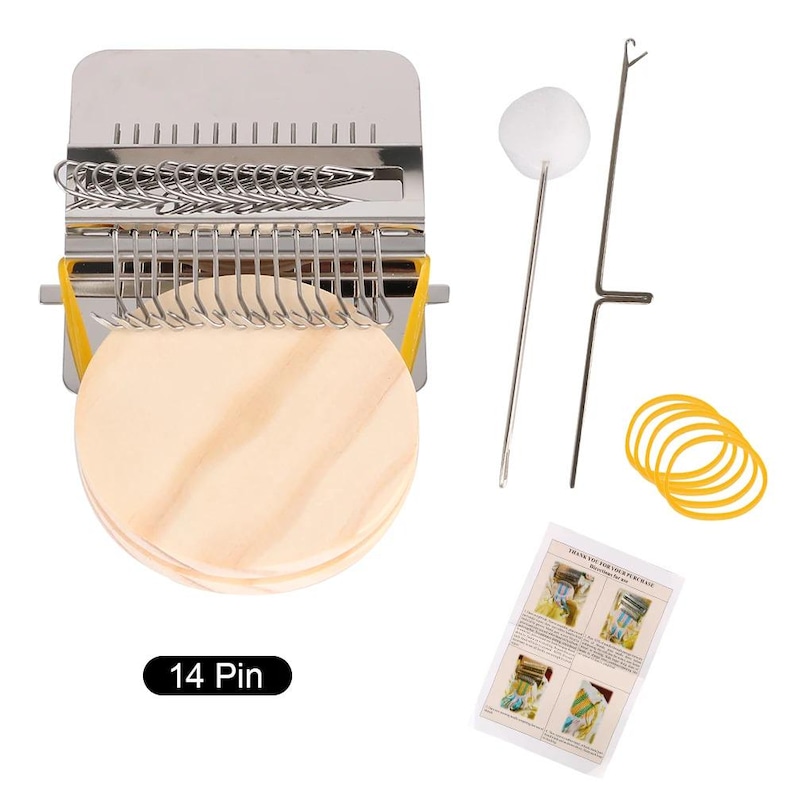 May include: A silver-colored weaving loom with a wooden base and yellow accents. The loom has 14 pins and comes with tools, including a needle, hook, rubber bands, and instructions. The text "14 Pin" is visible.