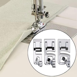 May include: A silver sewing machine presser foot attached to a machine with light green fabric, alongside a circular inset showing three distinct metal hemmer feet, with the numbers 4 and 6 clearly engraved on two of the individual presser foot attachments.
