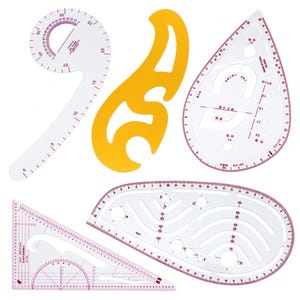 May include: A selection of clear and yellow plastic drafting tools, including French curves, a triangle ruler, and a curved ruler with measurements in centimetres. These tools are used for technical drawing and design.