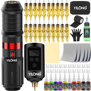 May include: A black YILONG tattoo machine kit with a digital power supply, needles, ink, and accessories. The kit includes a black carrying case, black gloves, and a roll of black grip tape. The ink bottles are in various colors.
