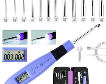 Juego de ganchos de ganchillo con luz y cabezales metálicos intercambiables – Kit de herramientas ergonómicas para bricolaje