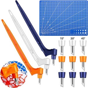 May include: A selection of craft tools featuring three swivel knives in orange, white, and navy blue, plus spare blades and a blue cutting mat with grid lines. The knives are for precision cutting.