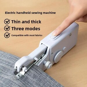 May include: A white electric handheld sewing machine with a metal needle assembly, positioned on grey striped fabric. Text on the image reads: Electric handheld sewing machine, Thin and thick, Three modes, Compatible with most fabrics.
