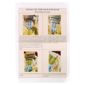 May include: A printed instruction sheet with four illustrated steps for a craft project. The images show a metal and wood tool with colorful threads, demonstrating the process of weaving or repairing fabric. Text includes "THANK YOU FOR YOUR PURCHASE" and directions.