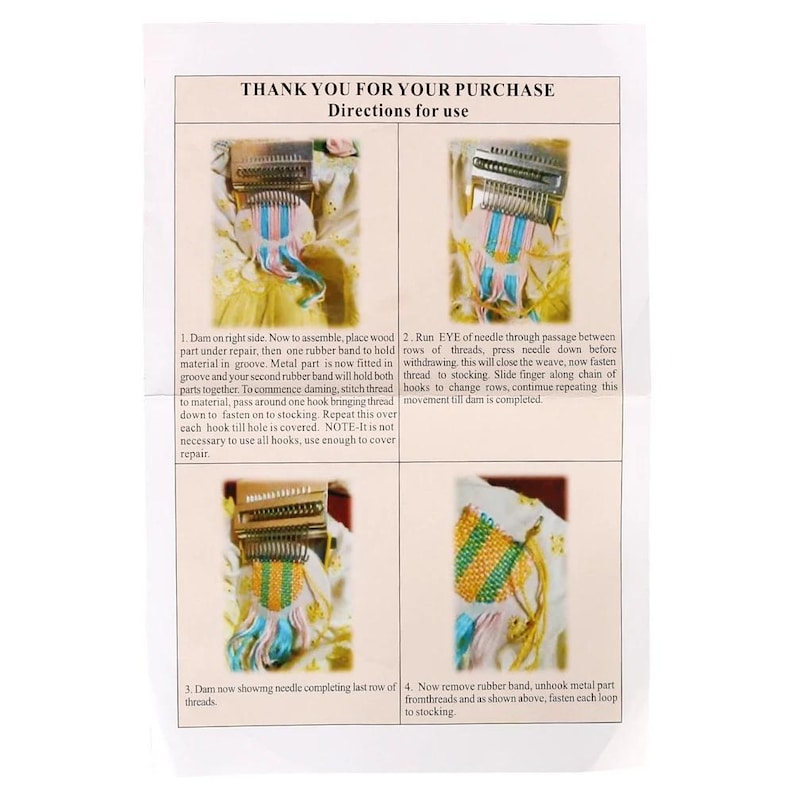 May include: A printed instruction sheet with four illustrated steps for a craft project. The images show a metal and wood tool with colorful threads, demonstrating the process of weaving or repairing fabric. Text includes "THANK YOU FOR YOUR PURCHASE" and directions.
