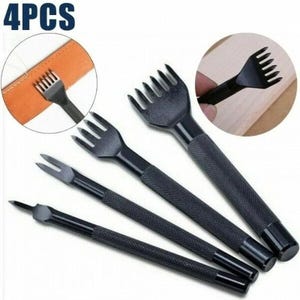 May include: A set of four black metal leather stitching chisels with textured, non-slip handles. The tools feature varying prong counts, including one, two, four, and six prongs, designed for punching holes in leather material for sewing projects.