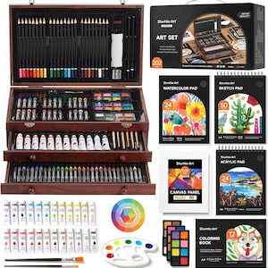 202-Piece Wooden Art Supplies Set with 4 Drawing Pads, Canvases, Coloring Sheets, Acrylic Paint, Crayons, Oil Pastels, Colored Pencils