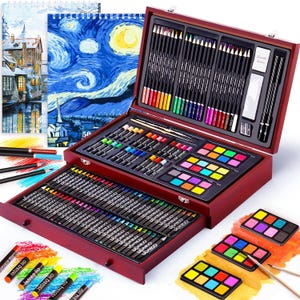 145 Piece Deluxe Art Set – Wooden Art Box with 2 Drawing Pads – Painting & Drawing Kit for Adults and Beginners