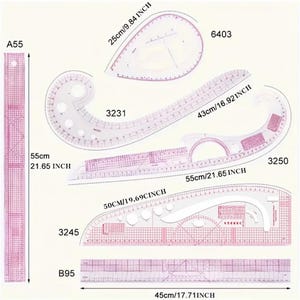 May include: A set of clear plastic sewing rulers and pattern drafting templates with pink grid markings and measurements. The set includes models A55, 6403, 3231, 3250, 3245, and B95, with lengths labelled as 55cm/21.65 inches, 25cm/9.84 inches, 43cm/16.92 inches, 50cm/19.69 inches, and 45cm/17.71 inches.