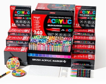 May include: A collection of acrylic brush markers in various sets, including 240 colors, 200 colors, and smaller sets of 12, 36, 60, 72, 120, and 168 colors. The packaging is primarily red and black, with the word "ACRYLIC" prominently displayed.