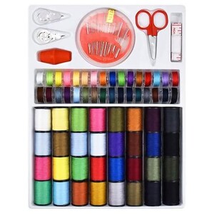 May include: A sewing kit with a variety of colorful thread spools, needles, scissors, and measuring tape. The kit includes a range of thread colors, from pastels to dark shades, and various sewing tools.