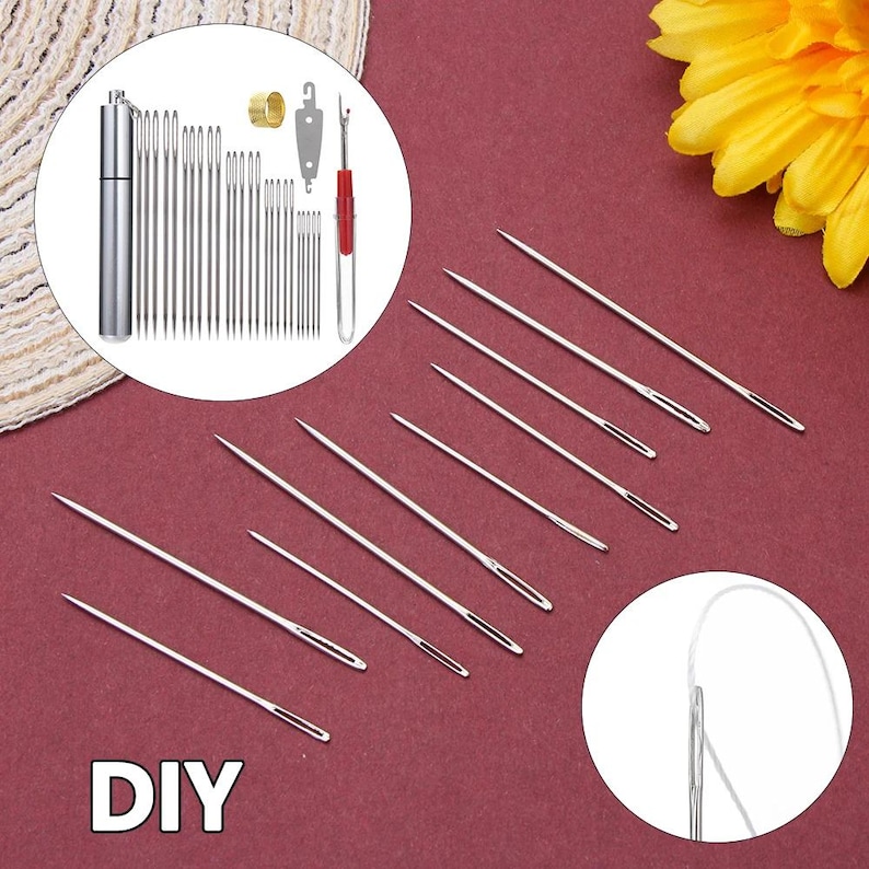 May include: A selection of sewing needles and tools, including a needle case, thimble, seam ripper, and various sizes of needles. The word "DIY" is displayed at the bottom. The needles are silver, and the seam ripper has a red handle.