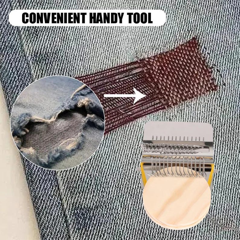 May include: Close-up of denim fabric with a tear, a patch, and a repair tool. The tool has a metal head with multiple needles and a wooden disc. The text "CONVENIENT HANDY TOOL" is at the top.