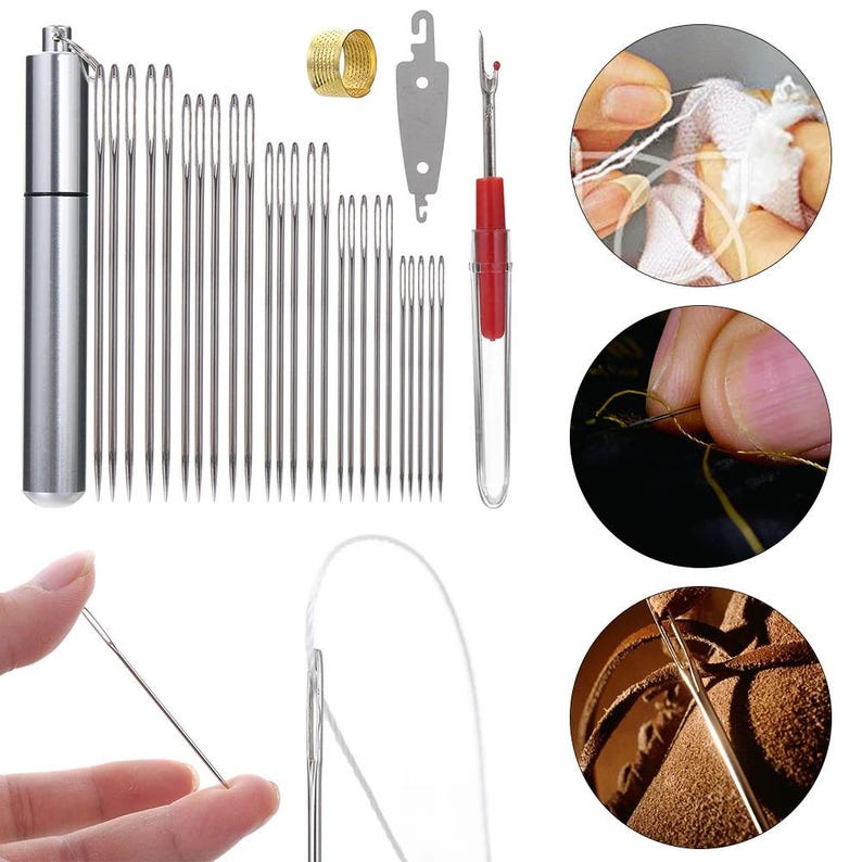 May include: A sewing kit featuring a silver needle case, numerous needles, a thimble, and a seam ripper. The image also shows close-ups of needles in use. The needles are of different lengths and sizes.