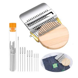May include: A sewing tool set featuring a wooden circle base with metal hooks, a needle threader, and a variety of needles. The set includes a clear tube with an orange cap filled with needles, and several loose needles of varying sizes.