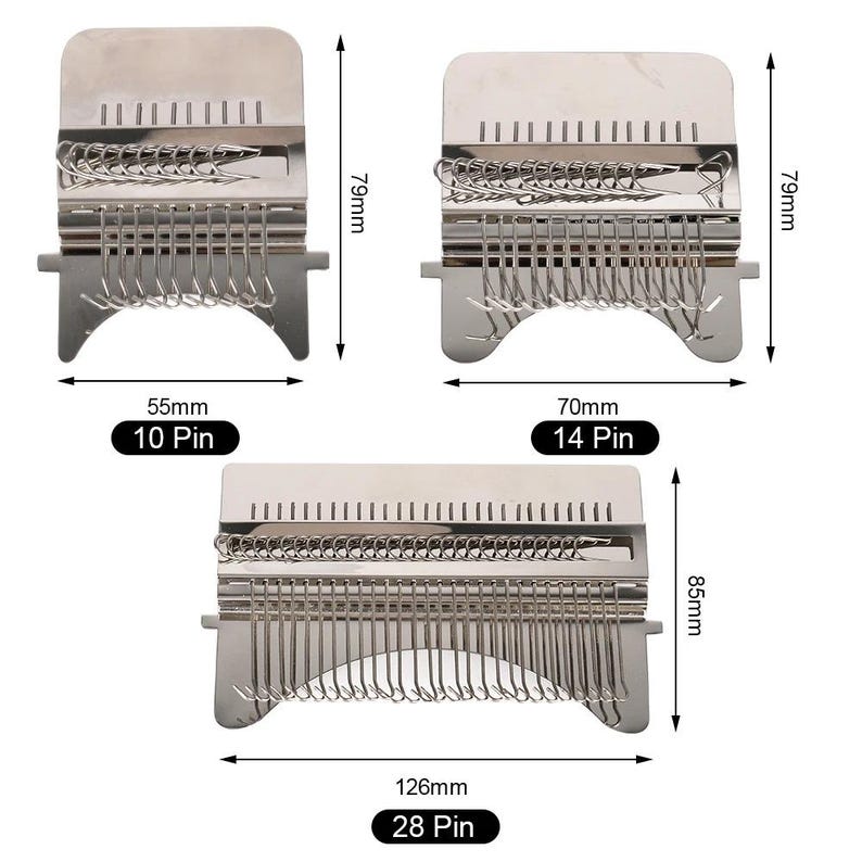 May include: Three stainless steel weaving tools with varying pin counts: 10, 14, and 28. Each tool has a comb-like top, a series of hooks, and a curved base. Measurements are provided in millimeters and inches.