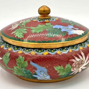 Vintage Chinese Cloisonné Enamel on Bronze Lidded Bowl Trinket Dish Floral Teal