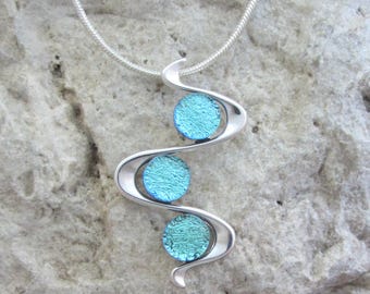 Blue and Silver Necklace Dichroic Fused Glass Blue Pendant