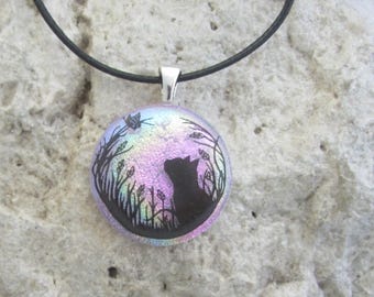 Katze Halskette Geschmolzen Dichroic Glas Anhänger Lila Rosa Schmetterling Katze Schmuck