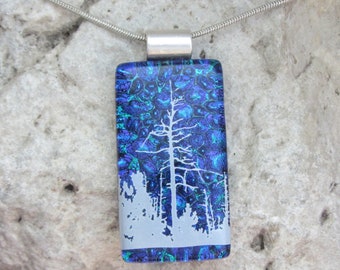Purple and Green Tree Necklace Dichroic Fused Glass Tree Pendant