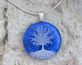 Blue Tree of Life Necklace Dichroic Fused Glass Blue and White Tree of Life Pendant