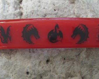 Haarspange mit rotem Drachenmotiv, Haarspange aus Fusingglas, französische Haarspange, Schmuck mit rotem und schwarzem Drachenmotiv